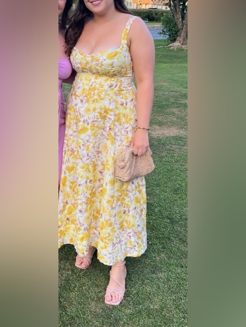 Revolve Bardot Lilah Yellow Floral Corset Midi Dress